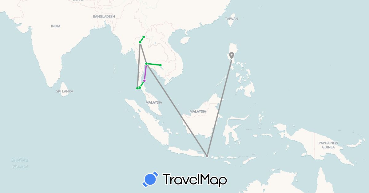TravelMap itinerary: driving, bus, plane, train in Indonesia, Cambodia, Philippines, Thailand (Asia)